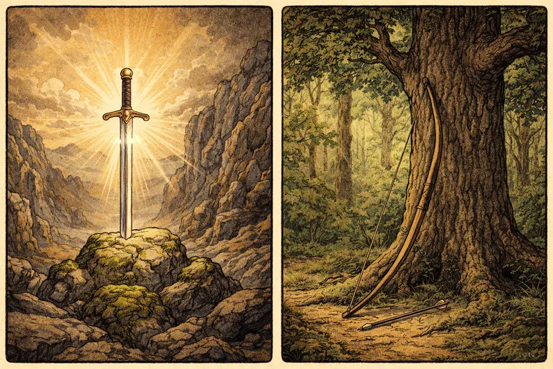 Rappresentazione simbolica della spada e dell'arco come strumenti di eroismo